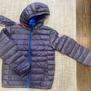 Med Blue Quilted Puffer Jacket with Hood and Bright Blue Zipper